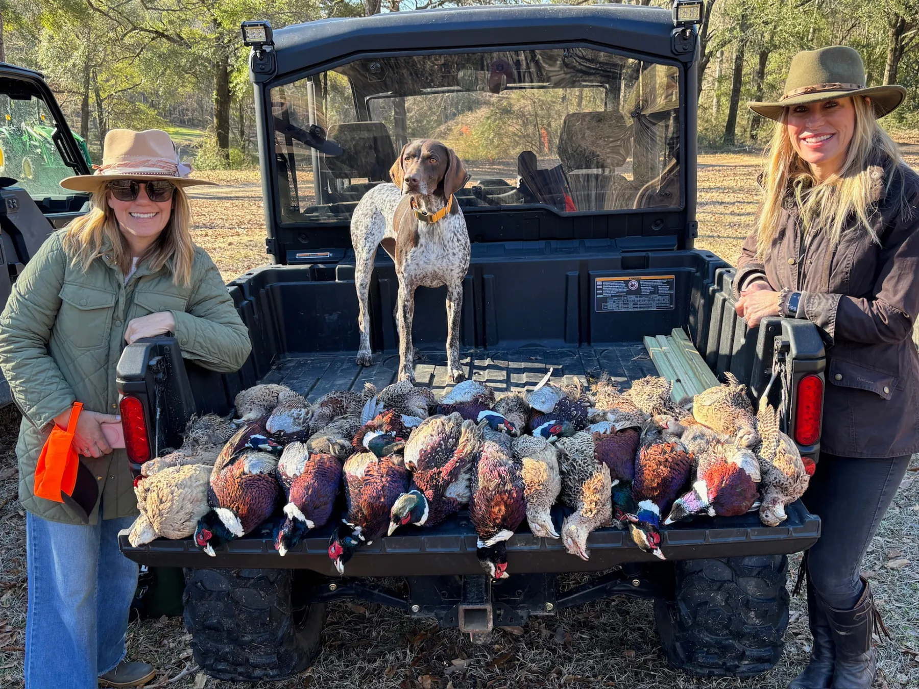 Guests at the tailgate with the day's birds and a pointer