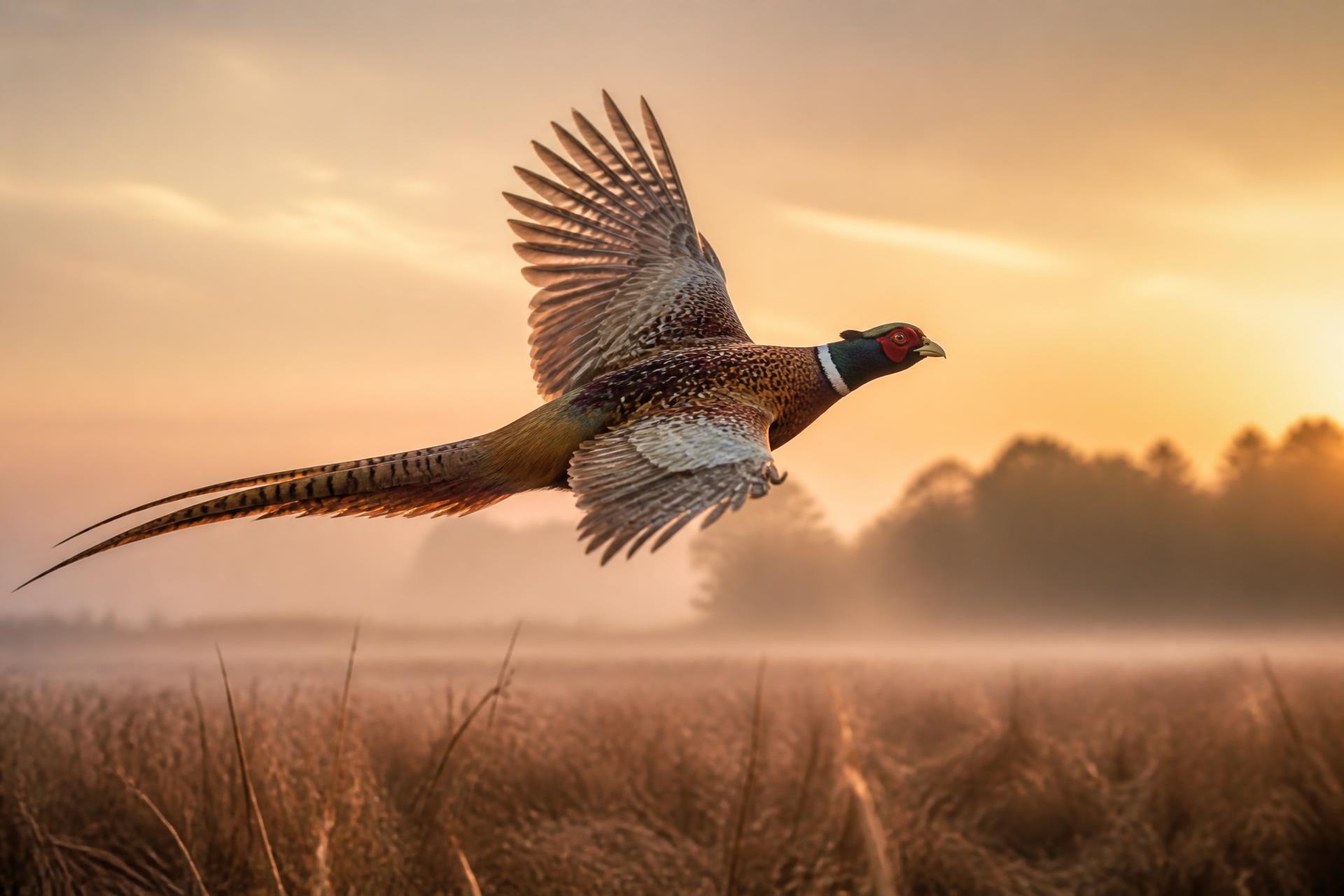 A ring-necked pheasant in flight over a misty Alabama field at dawn